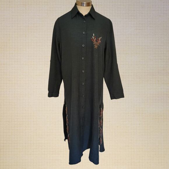 Embroidered Button Down Tunic Dress Green She Chocolate Size 3 Flowy Long Sleeve - Picture 1 of 9